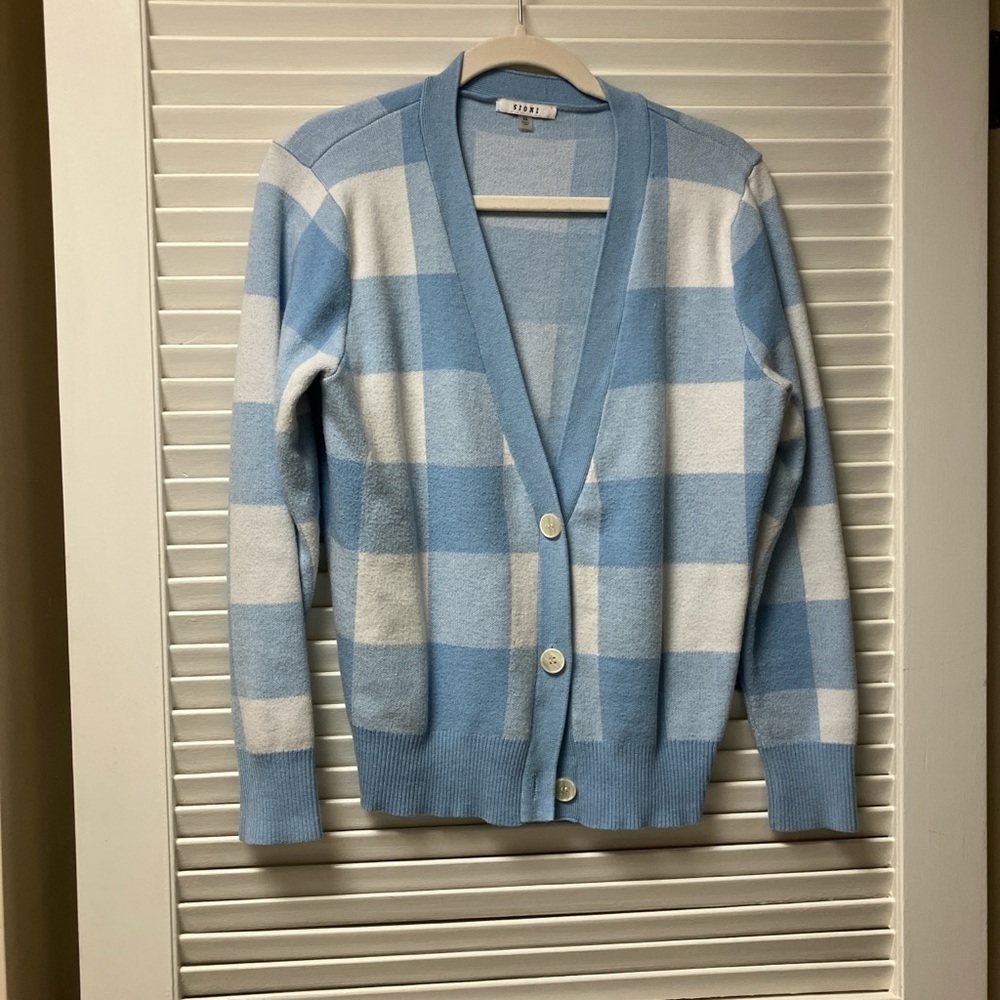 Sioni Light Blue and White Checkered Cardigan